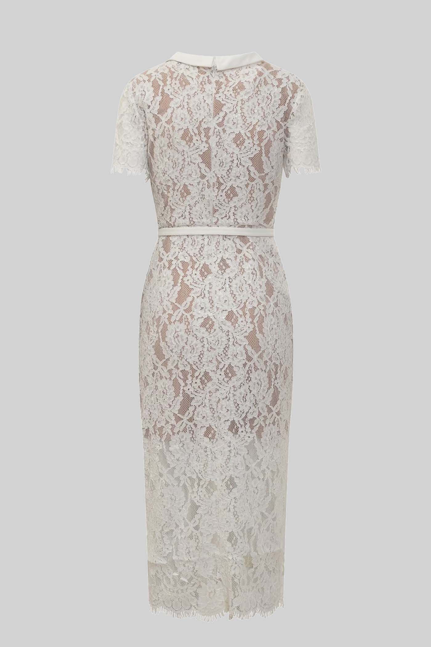 Rochie elegantă cu mâneci scurte din dantelă, cu curea asortată în talie - Alb