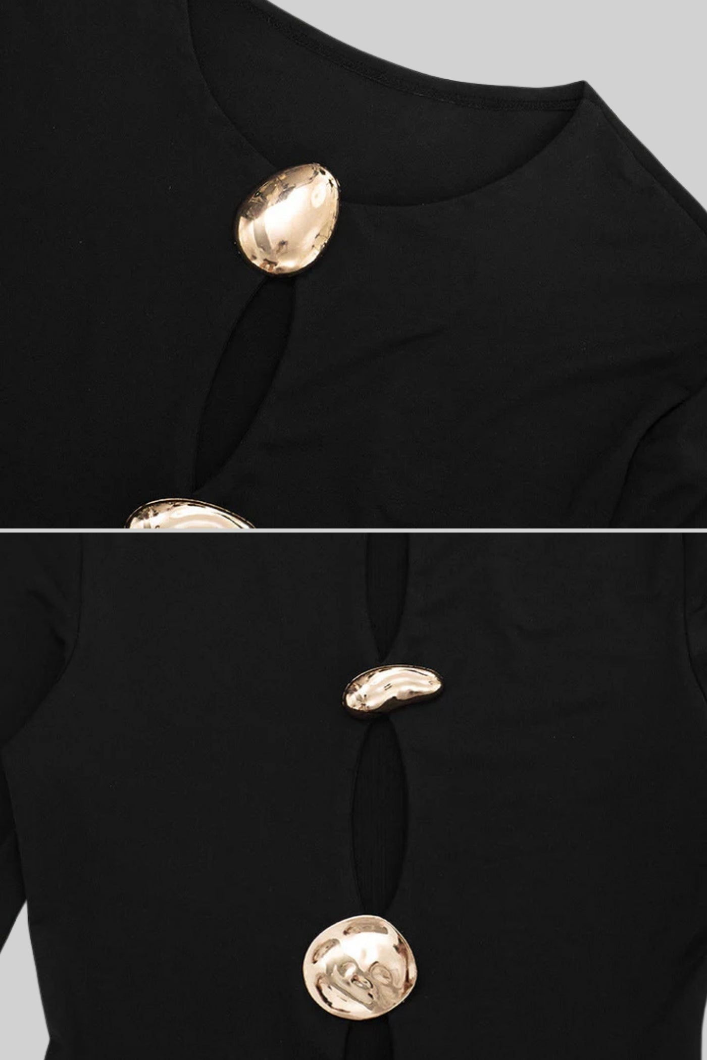 Rochie Mini Drapată cu Decupaje și Nasturi Sculpturali – Negru