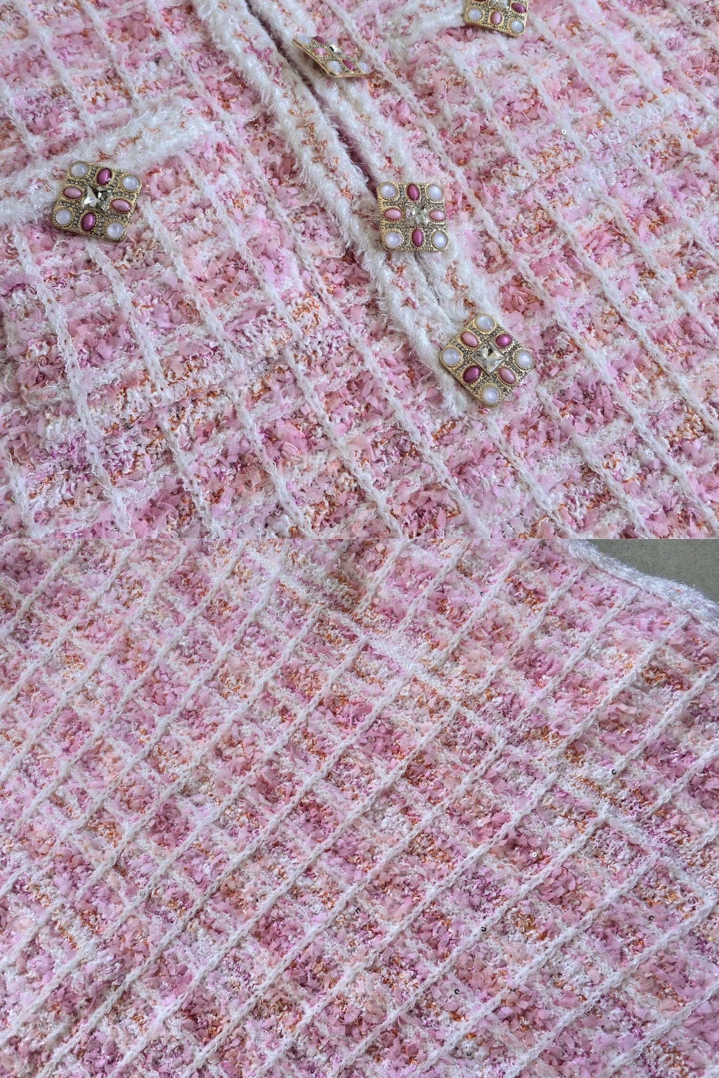 Rochie Mini din Tweed cu Nasturi cu Bijuterii - Roz