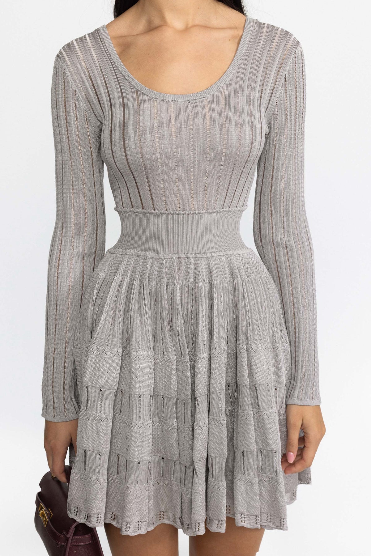 Rochie mini tip skater din tricot ladder, cu decolteu scoop - gri