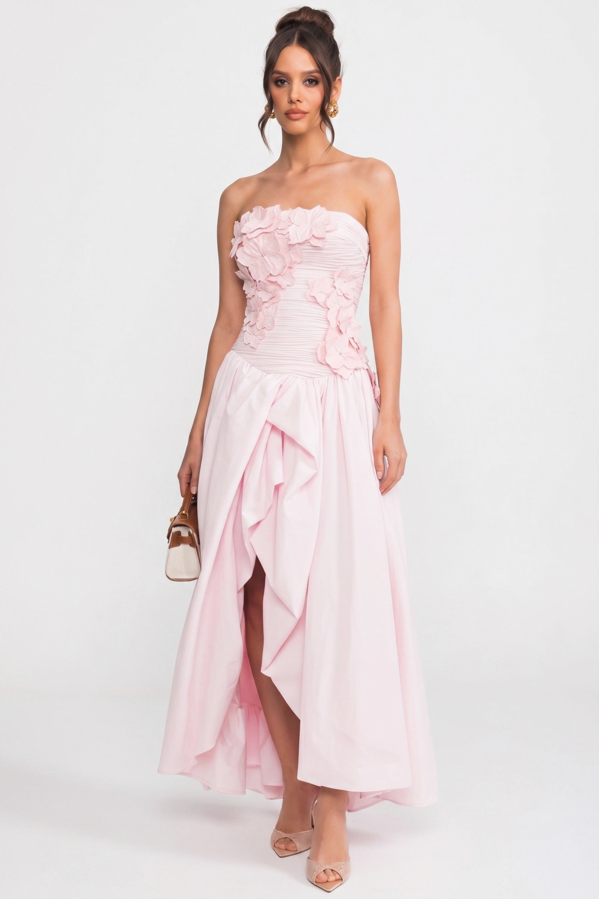 Rochie tip ballgown fără bretele, cu corsaj floral 3D și fustă amplă - Pink