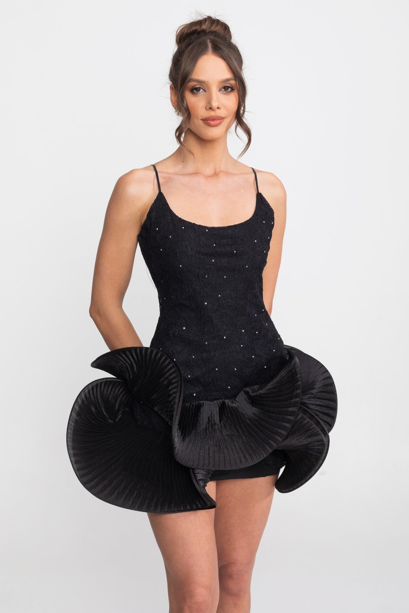 Babydoll Mini Dress With Sparkling Embellishments And Ruffled Peplum Skirt - Black