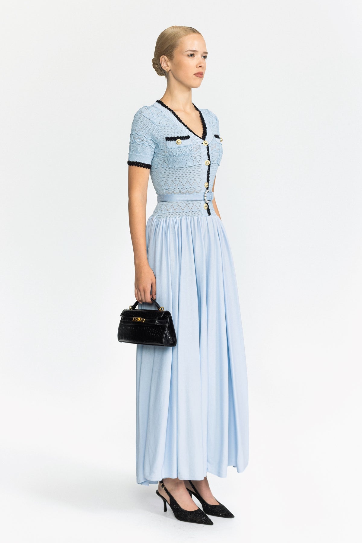 Rochie maxi cu corsaj din tricot pointelle și cordon în talie - albastru deschis
