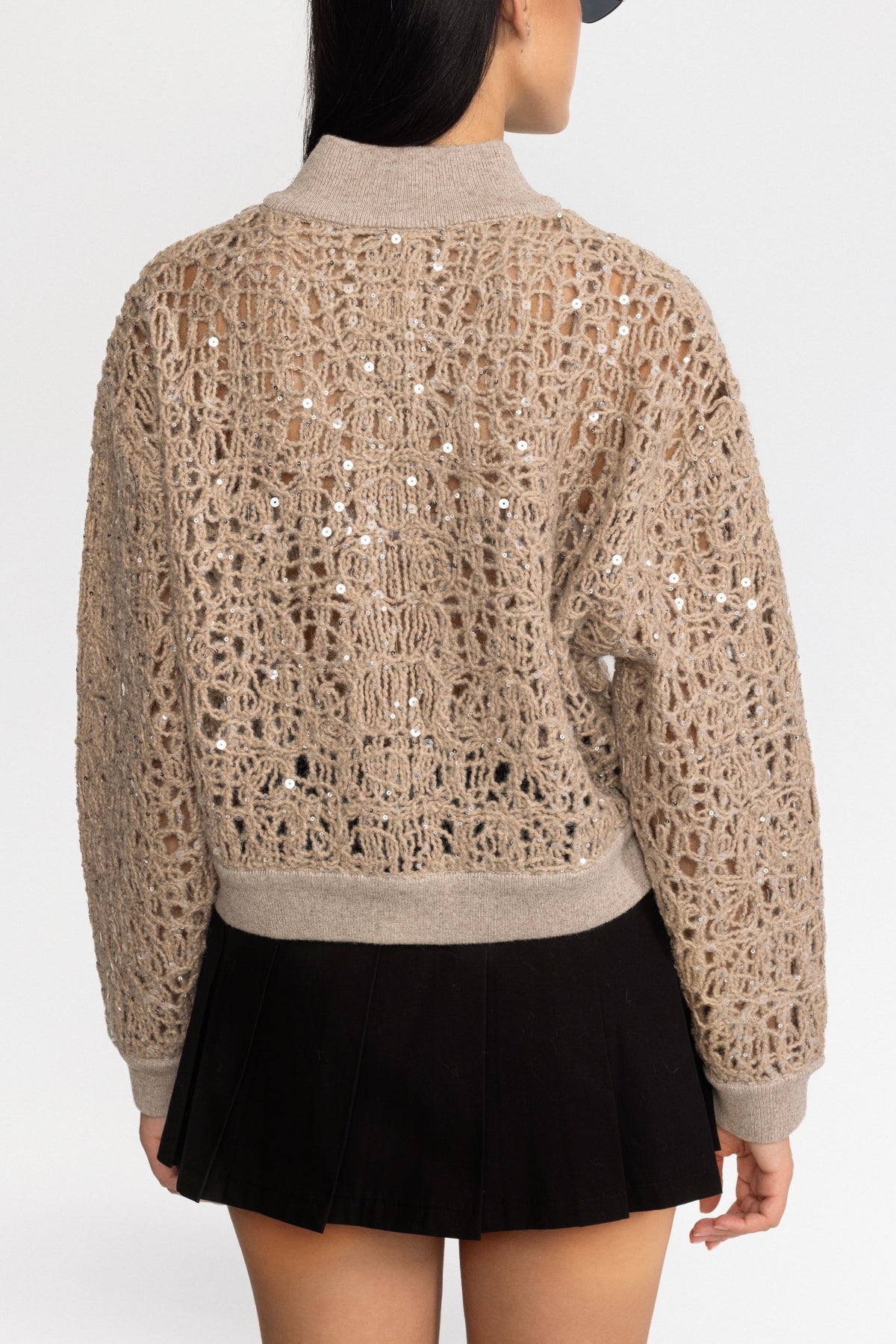 Cardigan cu paiete din tricot ajurat, cu fermoar - Bej