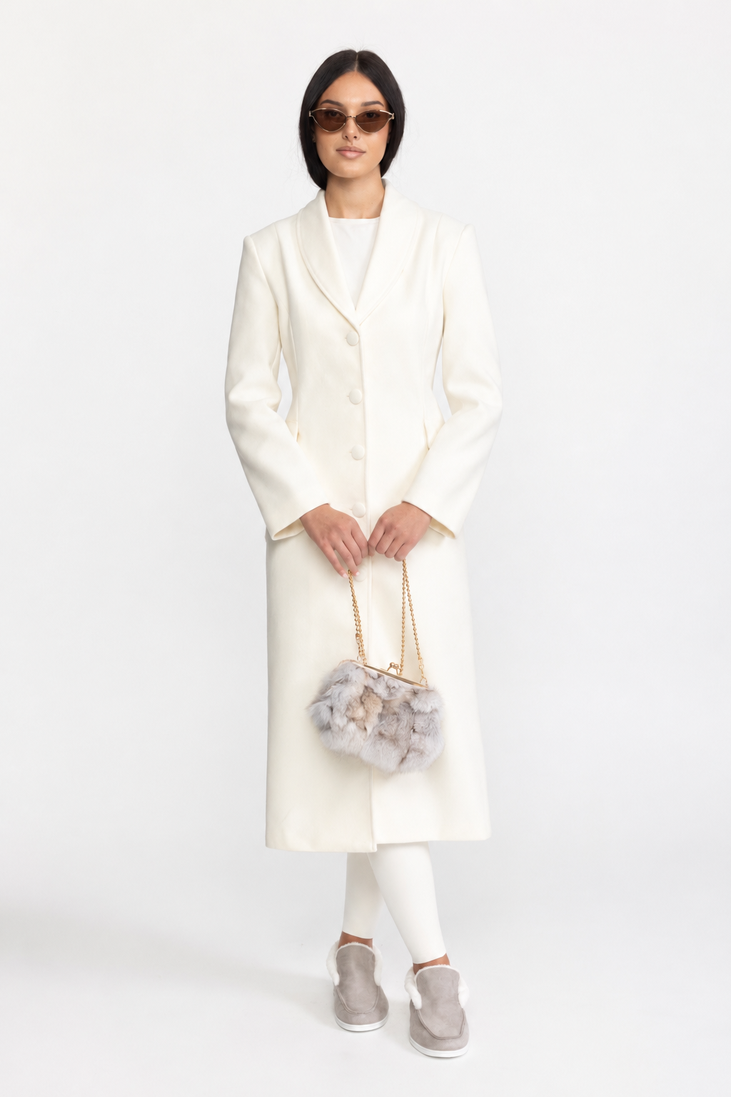 Palton lung cambrat cu umeri sculptați - Off-White