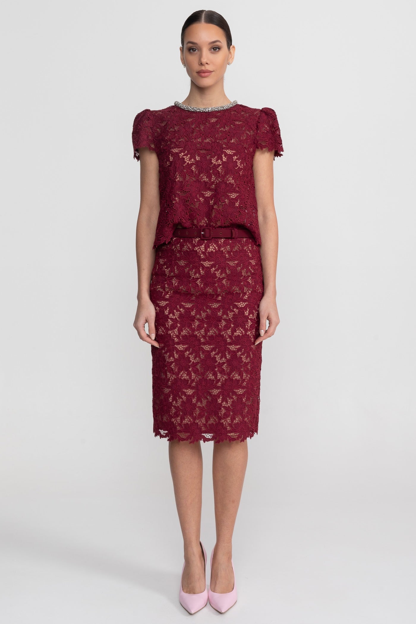 Lace Co-Ord Set With Short Sleeve Top And Crystal Embellished Neckline - Burgundy