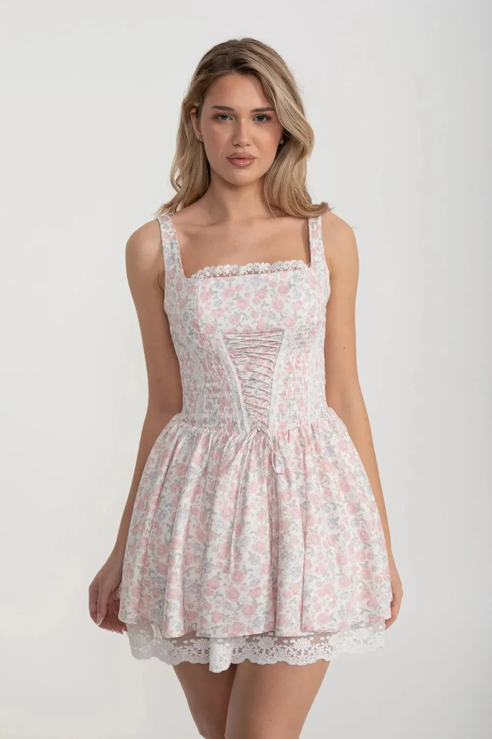 Sleeveless Summer Dress With Pink Floral Pattern And Lace-Up Front Detailing - White