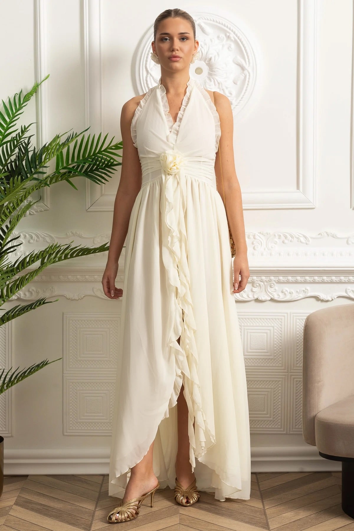 Ruffled Halter Maxi Dress with Rosette Tie Detail - Ivoire