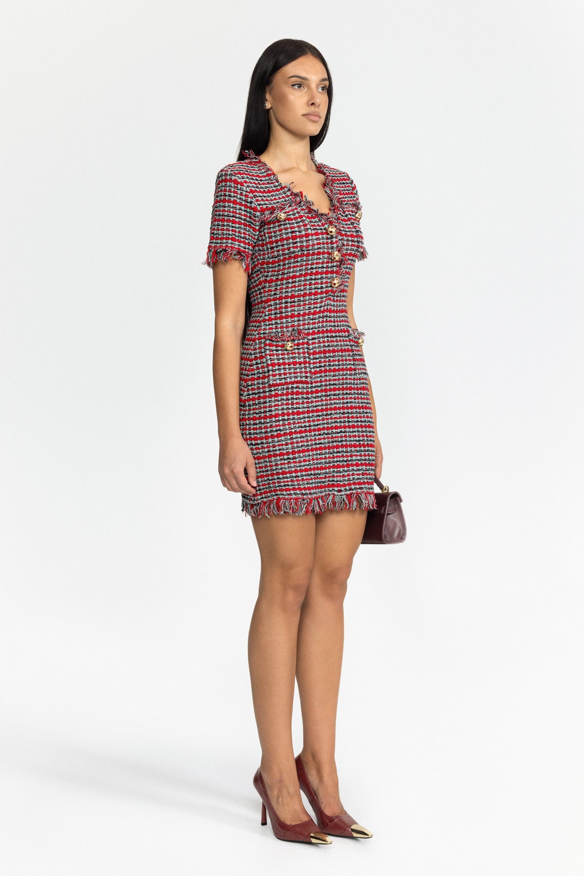 Rochie mini din tricot tweed cu franjuri - roșu multicolor
