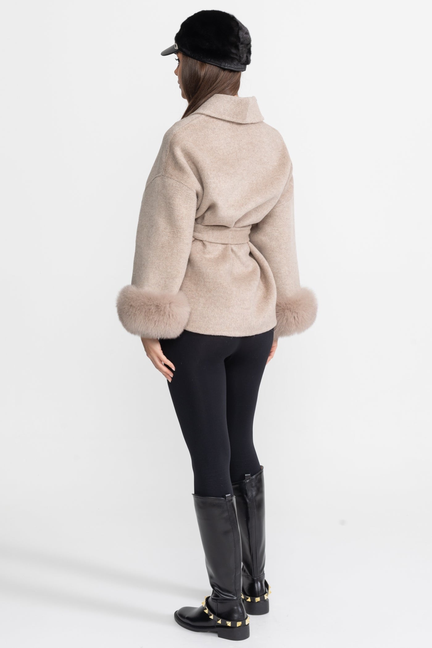 Wool Blend Wrap Jacket with Fox Fur Cuffs – Beige
