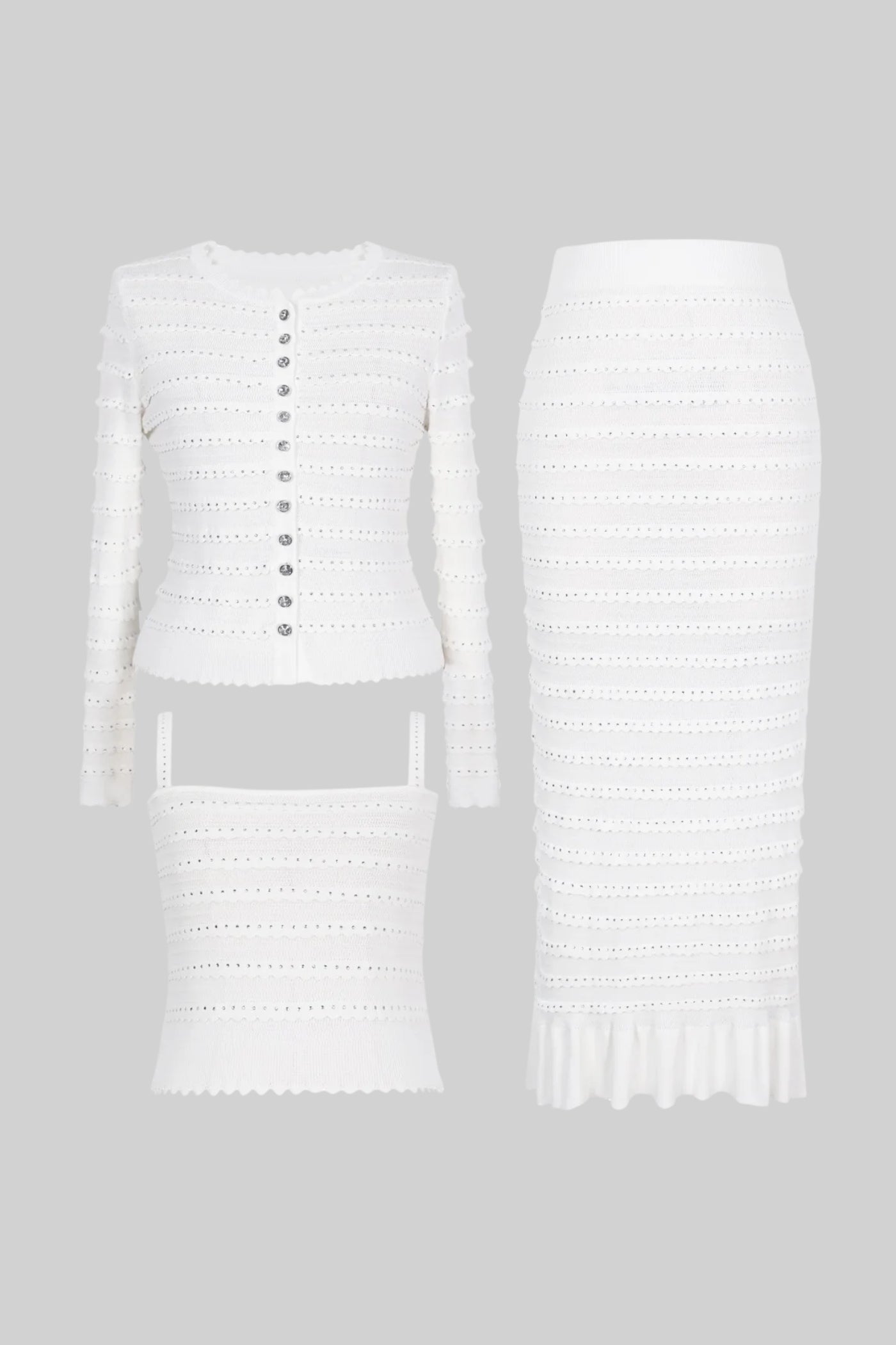 Set din tricot texturat, în 3 piese, cu blazer, top și fustă midi - alb