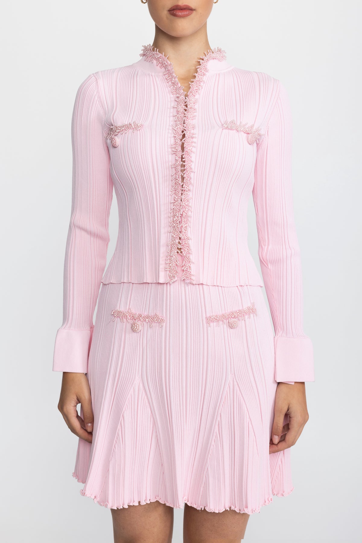 Set coordonat cardigan din tricot reiat cu bordură cu mărgele și fustă mini - Roz