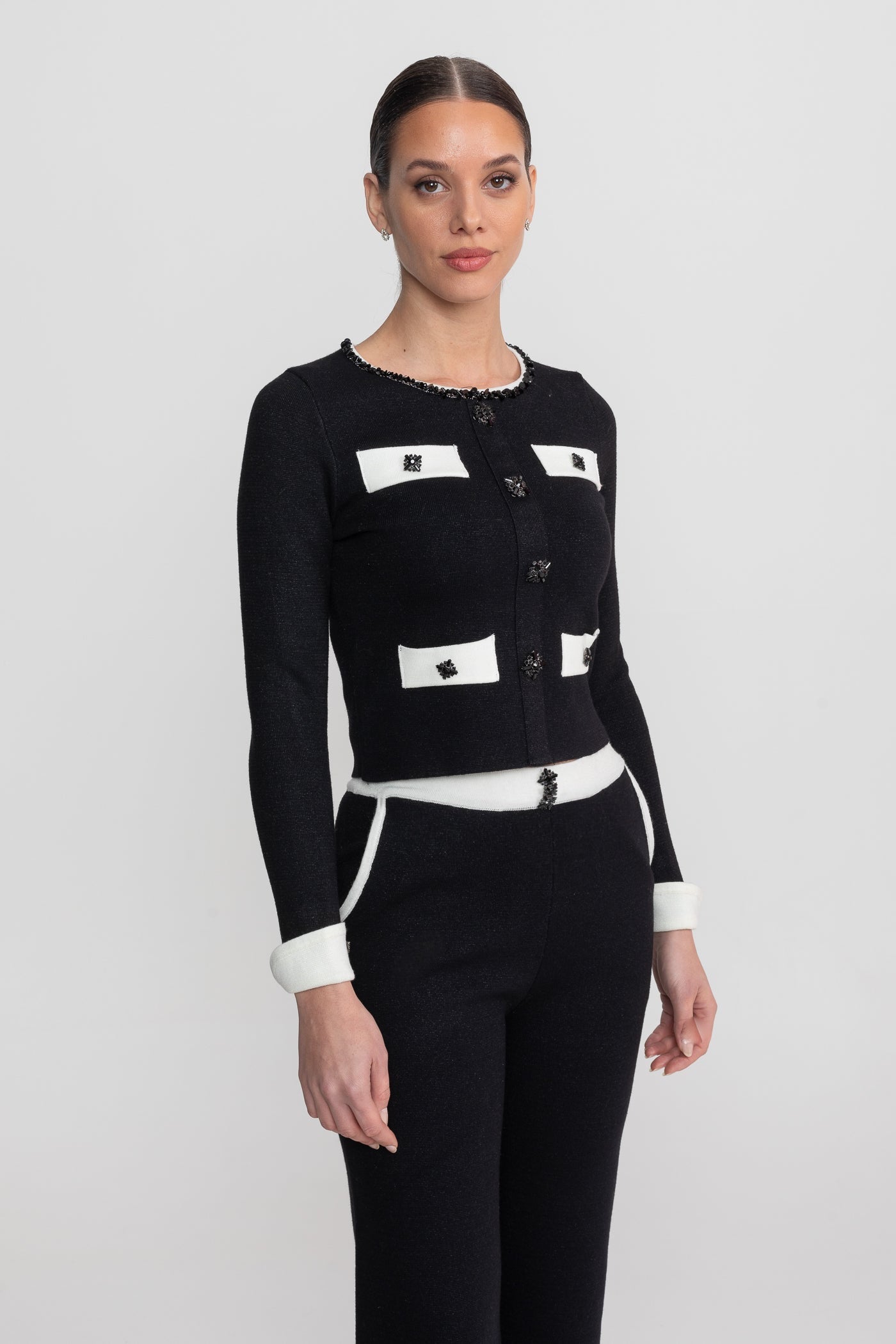 Long Sleeve Knit Co-Ord Set With Contrast Trim And Sparkling Embellishments - Black