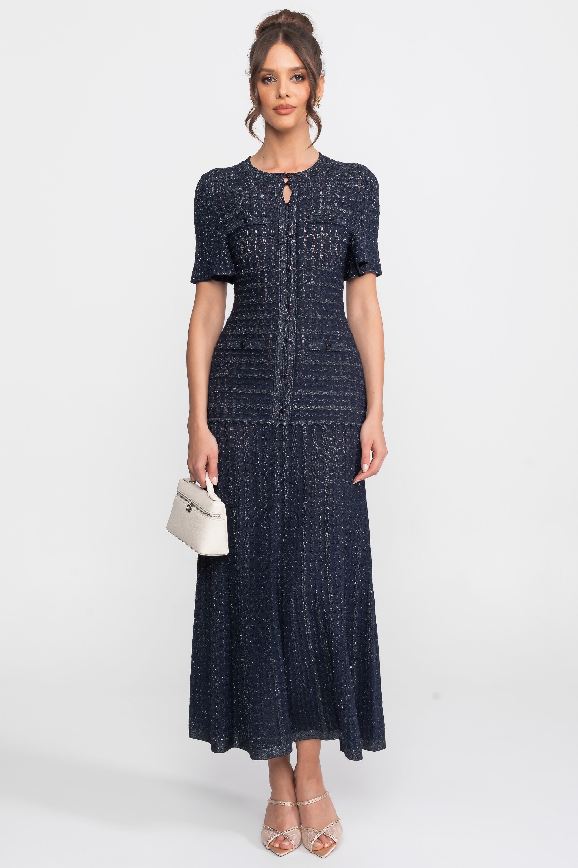 Rochie midi cu mâneci scurte, textură tricotată cu sclipiri - Navy