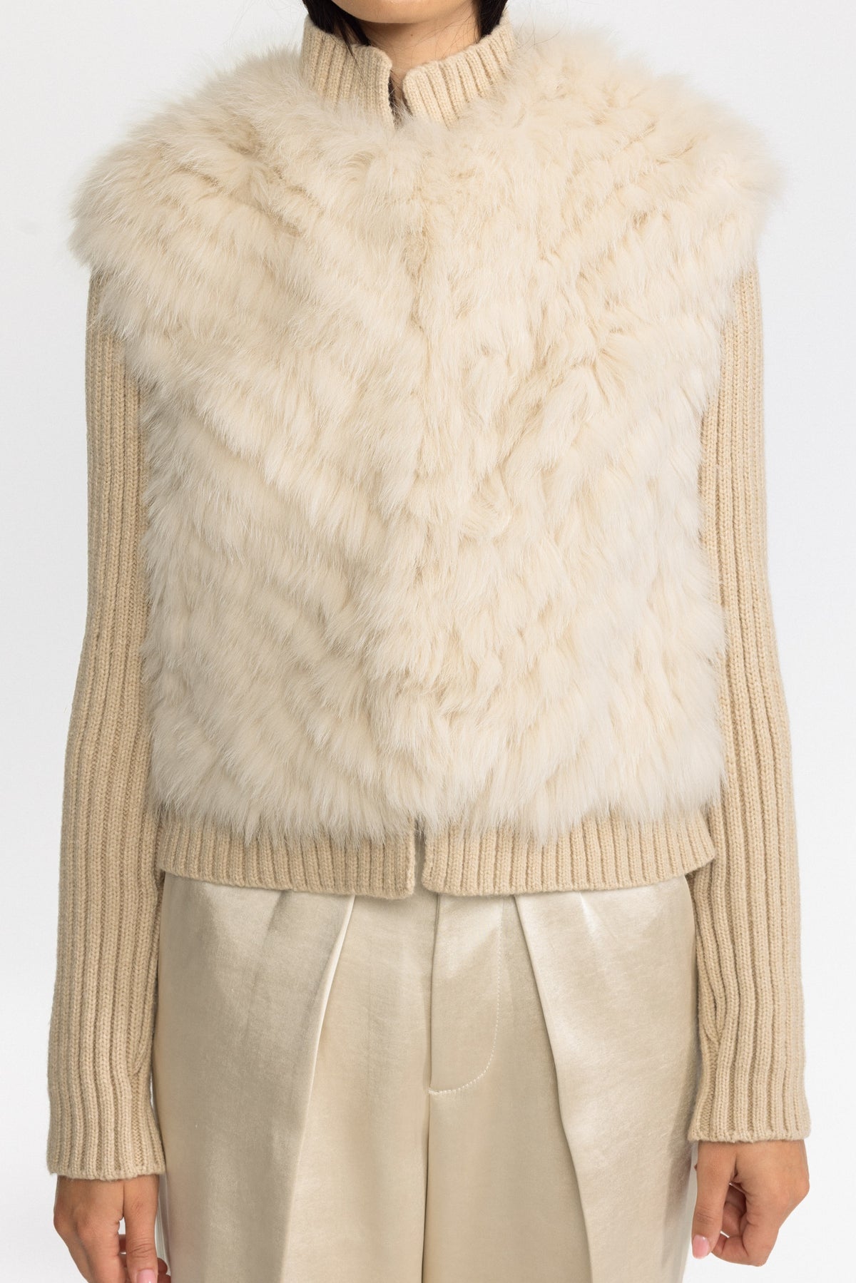 Knitted Fox Fur Jacket with Rib Knit Sleeves - Beige