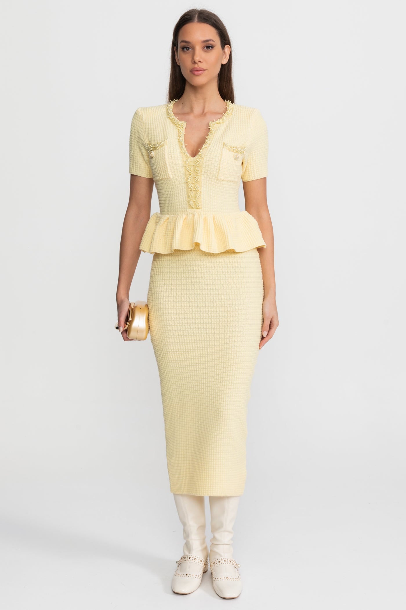 Rochie Midi Tricotată Texturată cu Detaliu Peplum în Talie – Galben