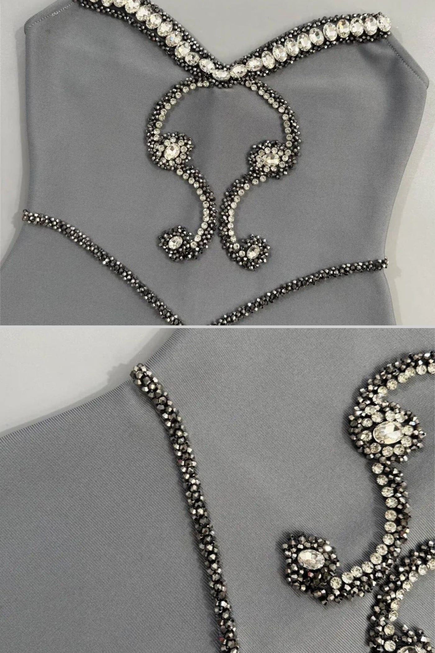 Rochie fără bretele, împodobită cu cristale, cu choker – Gri