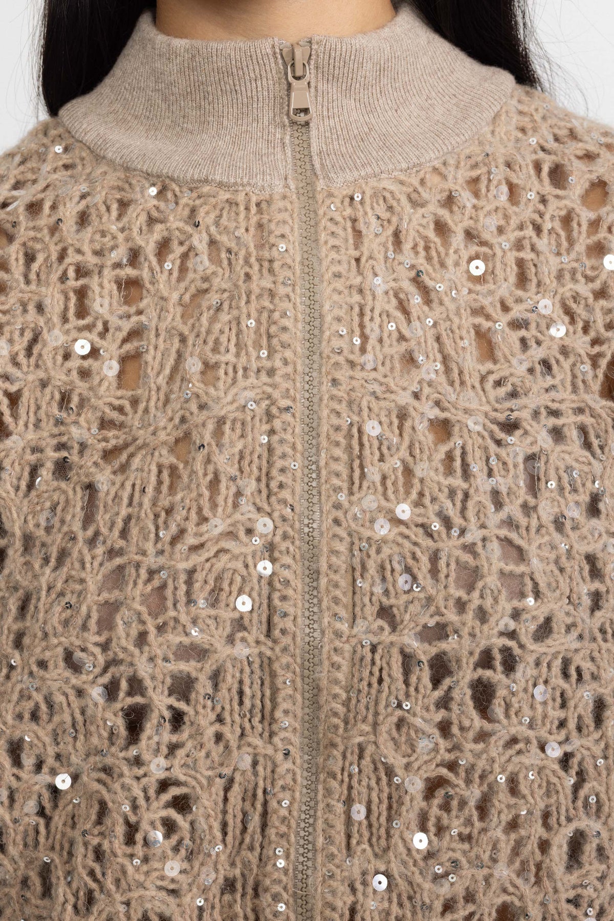 Cardigan cu paiete din tricot ajurat, cu fermoar - Bej
