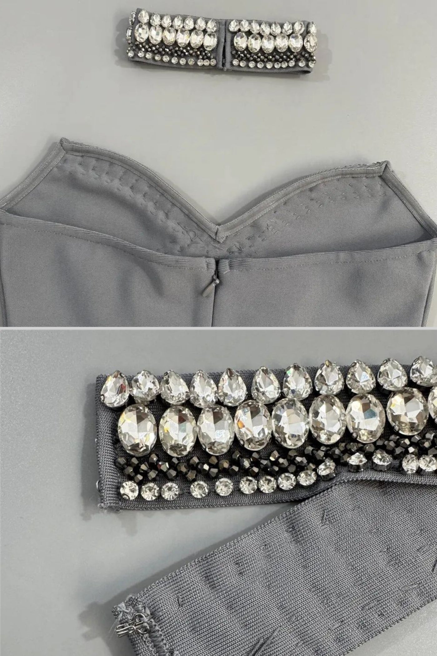 Rochie fără bretele, împodobită cu cristale, cu choker – Gri