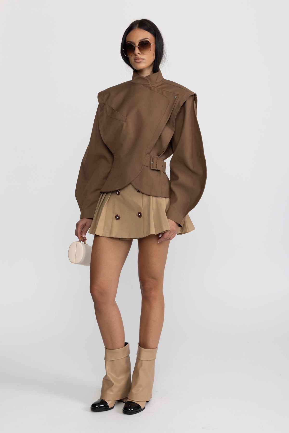 Structured Balloon Sleeve Wrap Jacket - Brown