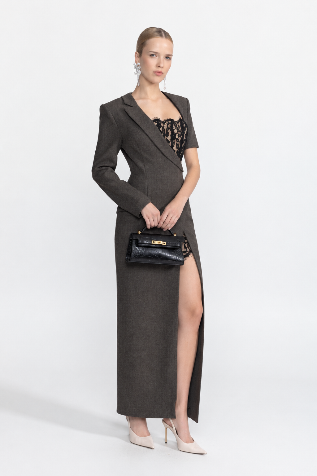 Rochie maxi tip blazer asimetrică cu bustieră din dantelă - Charcoal