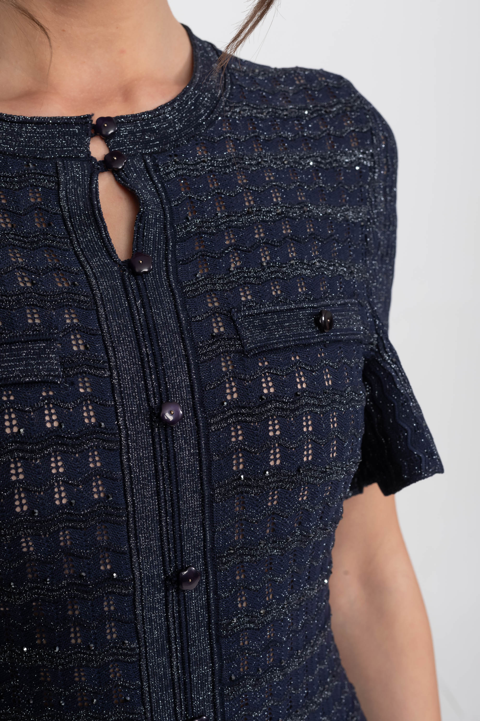 Rochie midi cu mâneci scurte, textură tricotată cu sclipiri - Navy