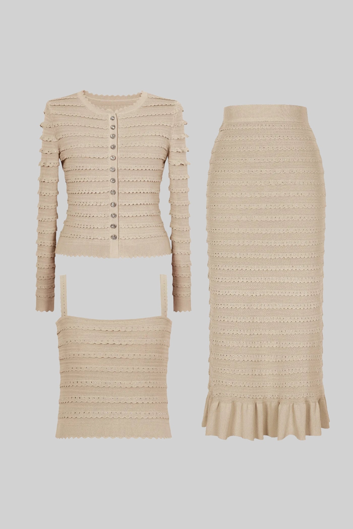 Set din tricot texturat, 3 piese, cu blazer, top și fustă midi - Beige