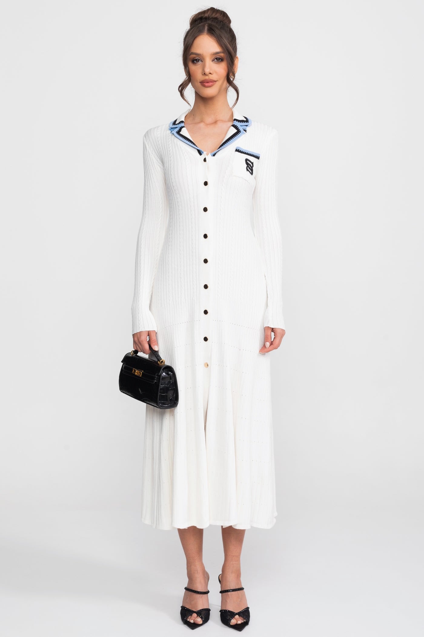 Long Sleeve Knit Midi Dress With Polo Collar And Monogram Patch - White