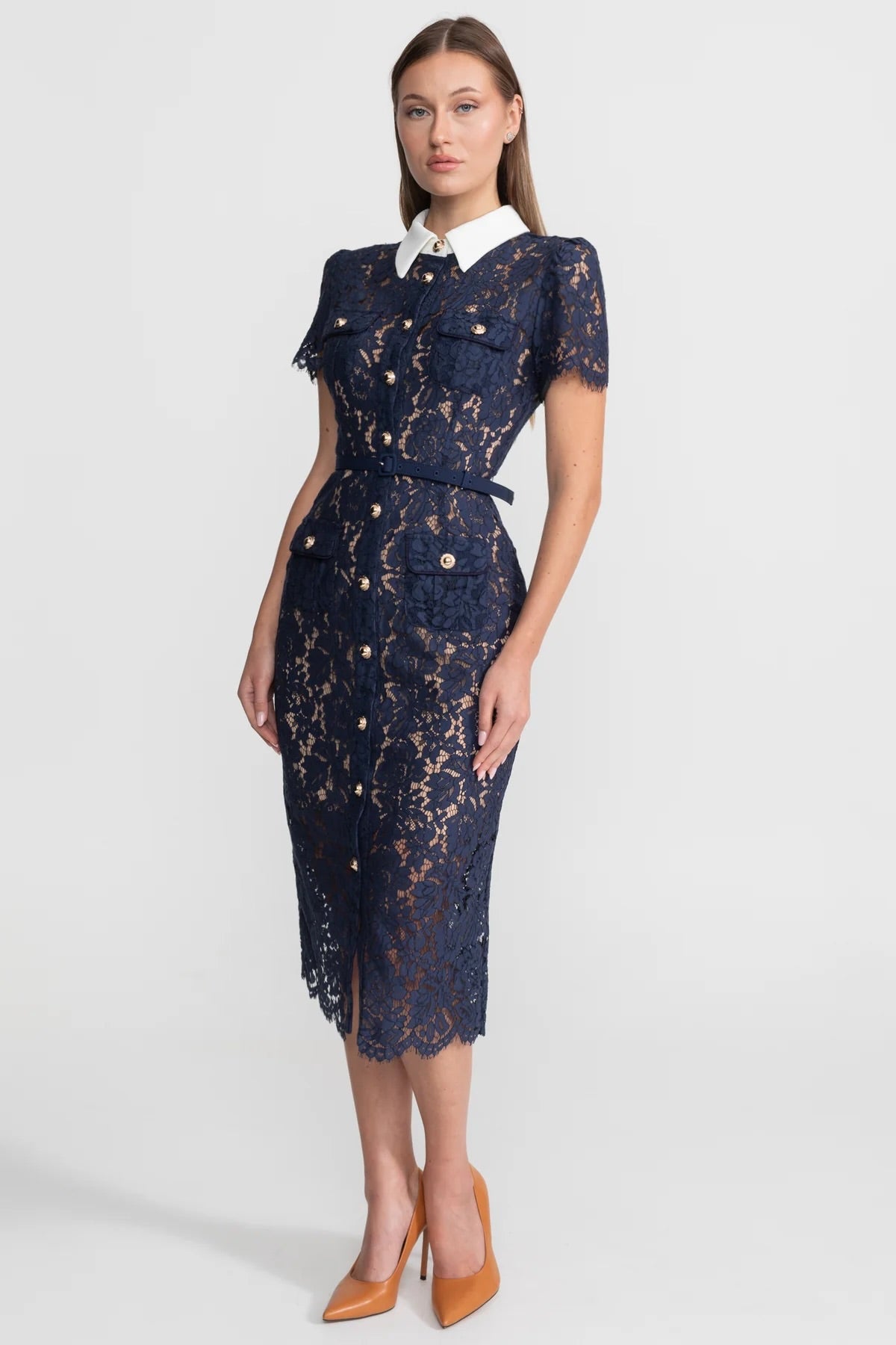Rochie midi din dantelă florală cu guler croitorit și talie cu curea - Navy