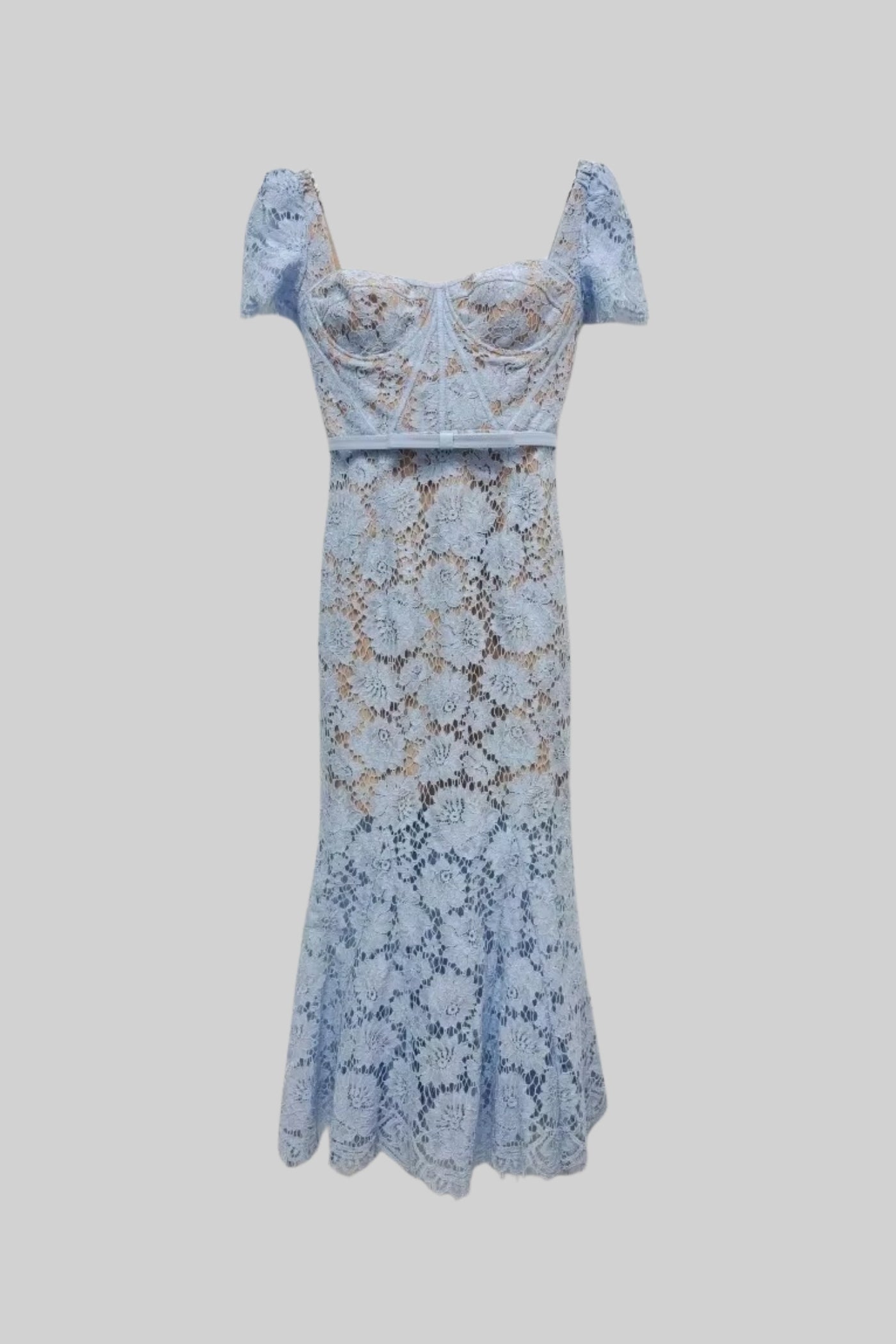 Rochie scurtă din dantelă cu curea delicată asortată în talie - Blue