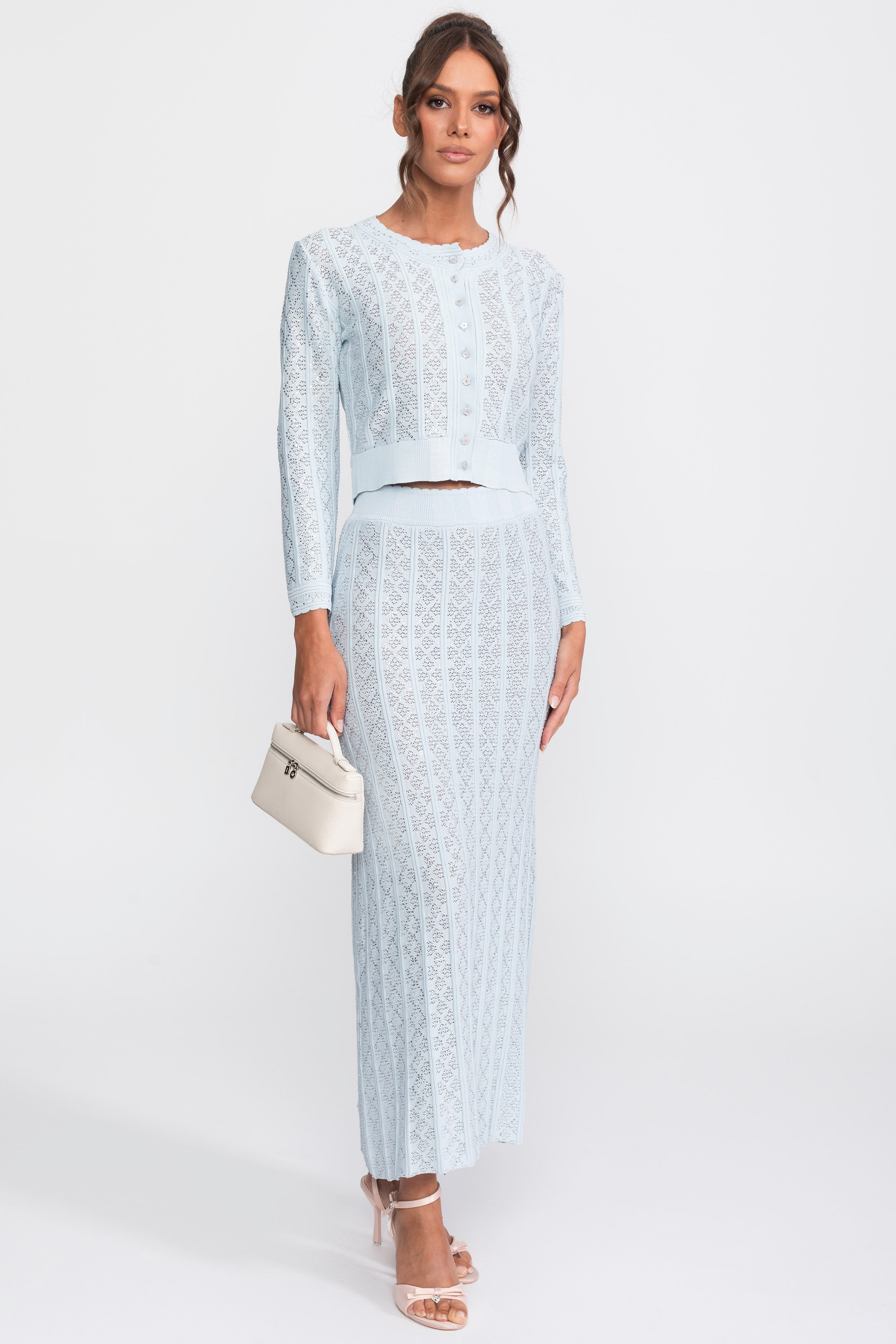 Set coordonat din tricot cu eyelet, cu cardigan și fustă maxi - light blue