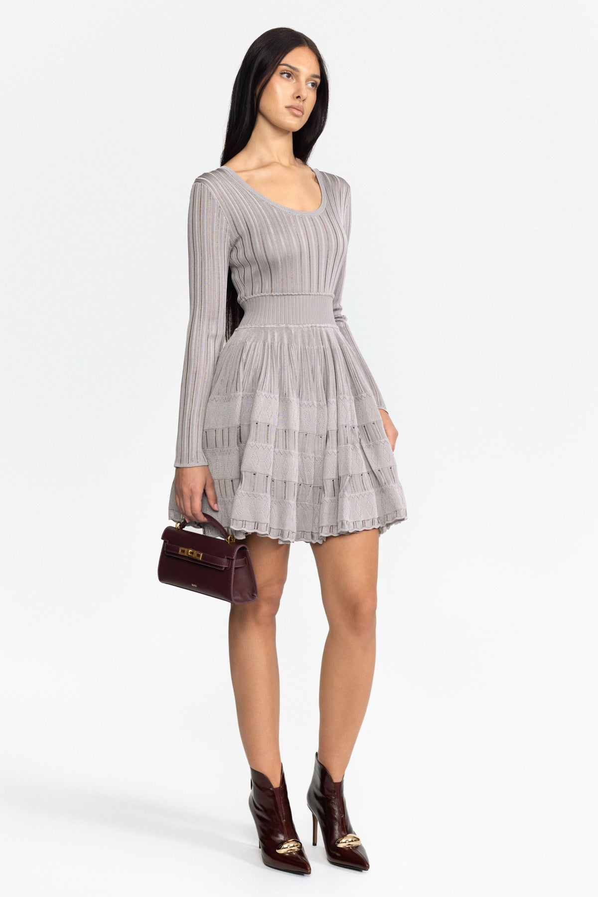 Rochie mini tip skater din tricot ladder, cu decolteu scoop - gri