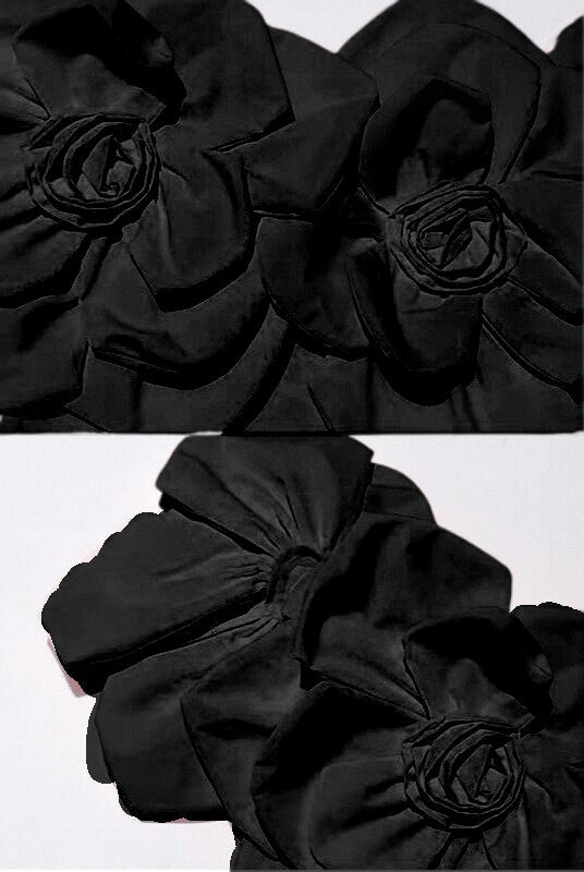 Rochie Midi Off-Shoulder cu Accente Mari Florale din Material - Negru