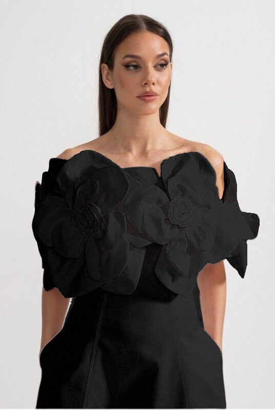 Rochie Midi Off-Shoulder cu Accente Mari Florale din Material - Negru