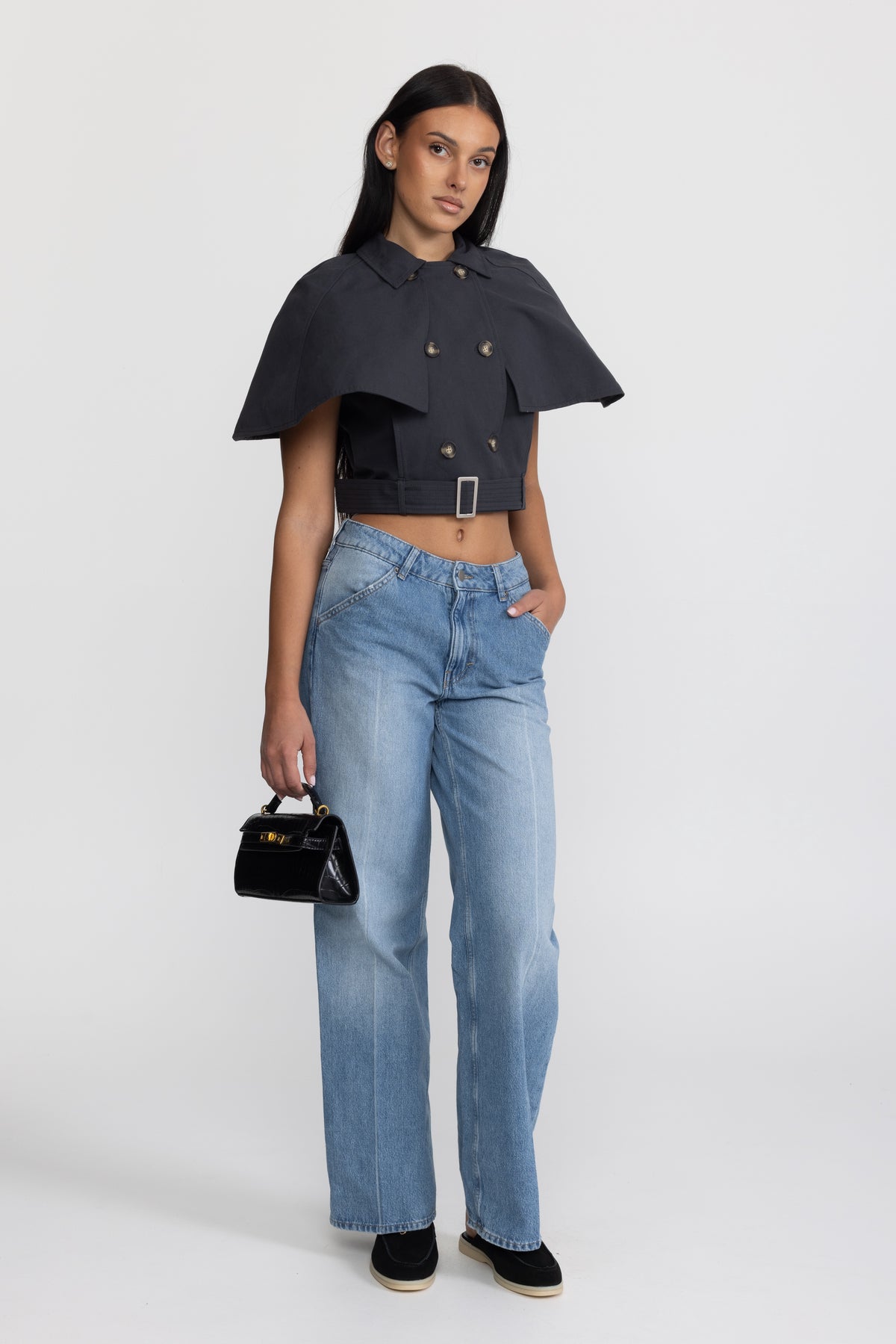 Top tip pelerină trench cropped cu curea - bleumarin