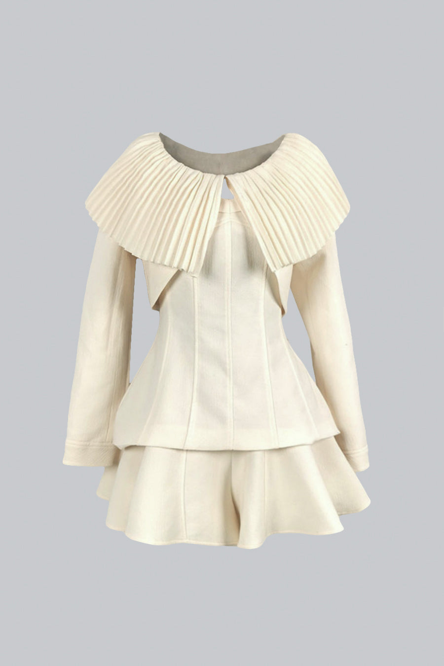 Rochie elegantă în 3 piese cu guler pliat detașabil și fustă - Ivoire