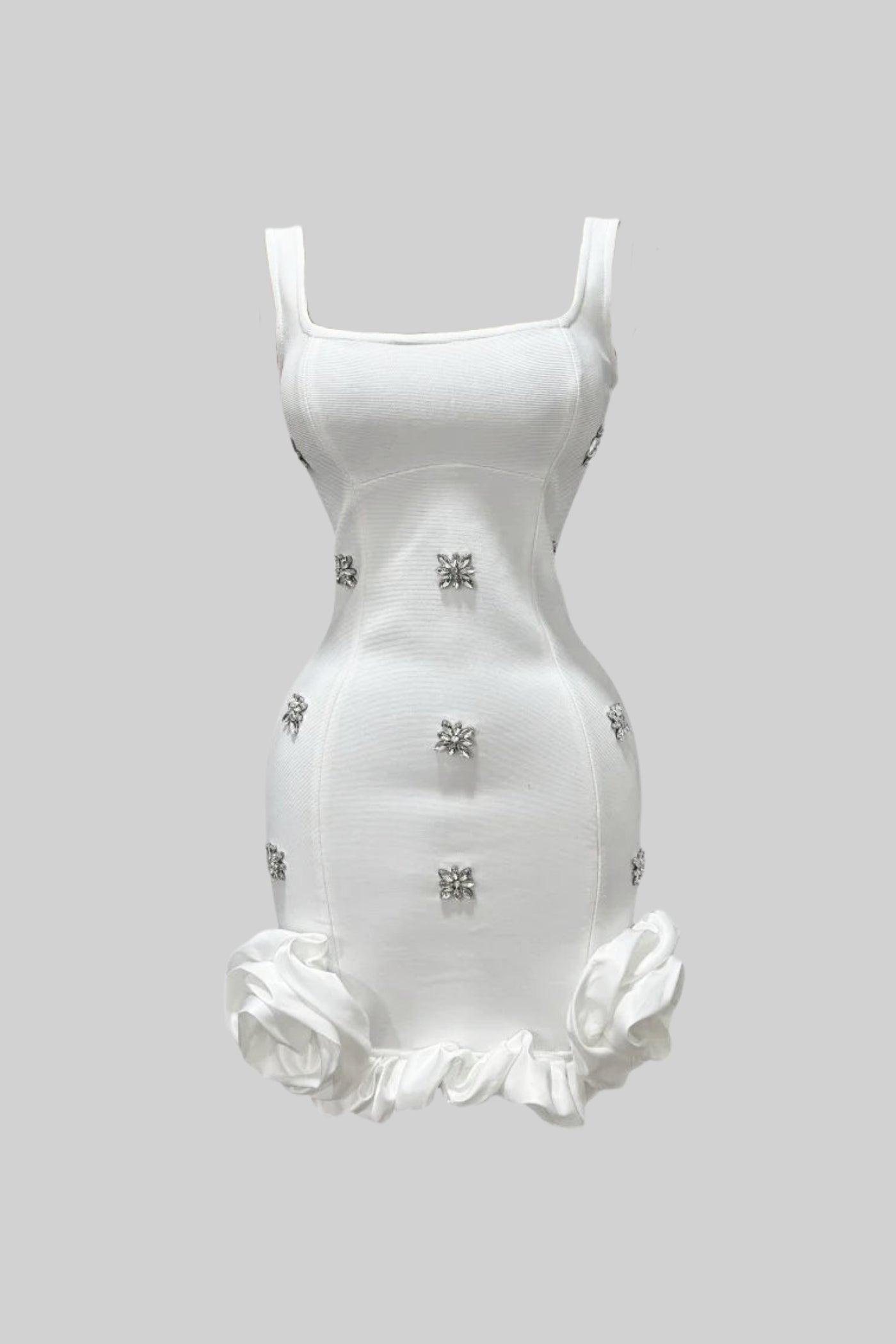 Rochie Mini Bodycon Împodobită cu Flori din Cristal – Alb