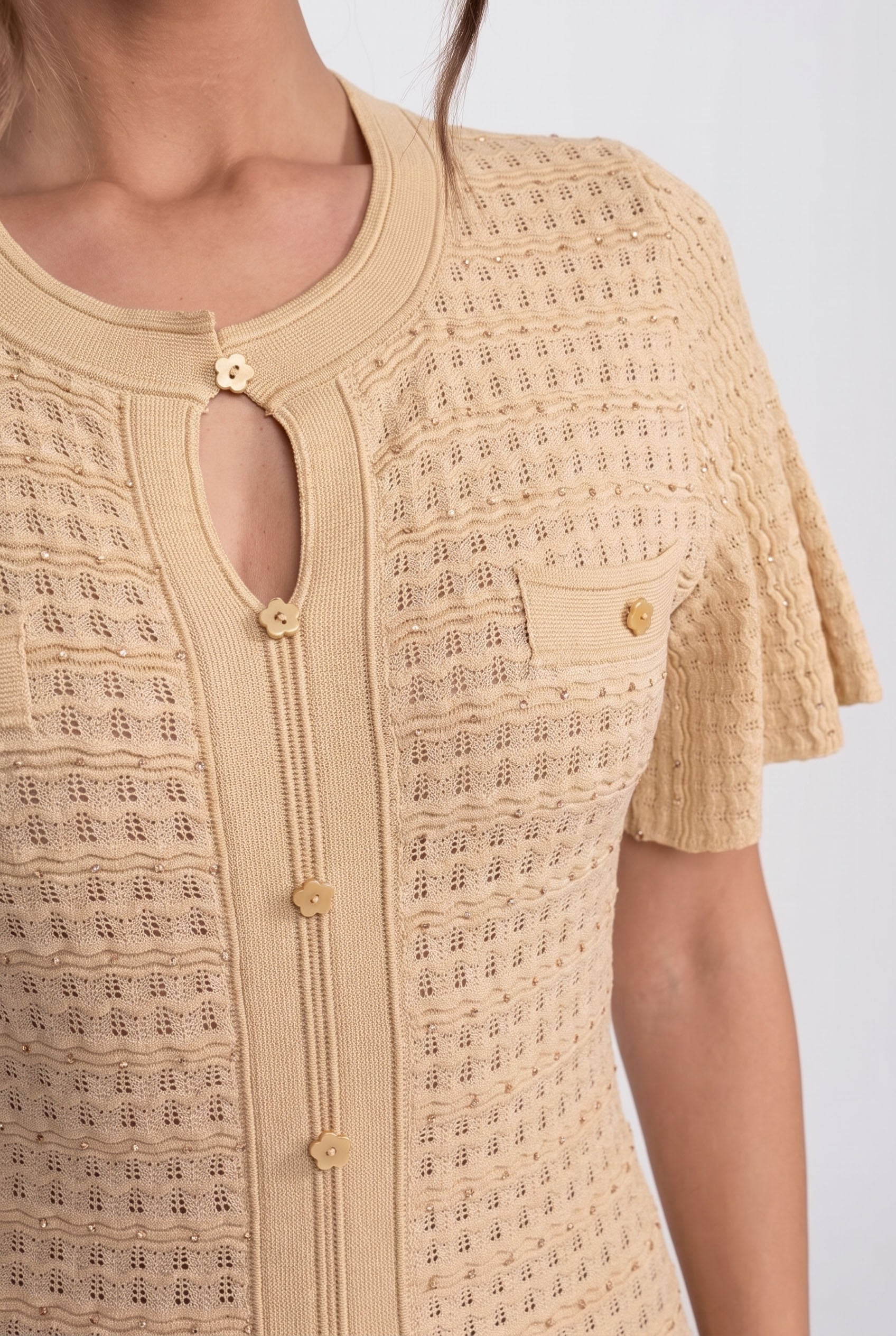 Rochie midi cu mânecă scurtă și textură tricotată cu sclipiri - Beige