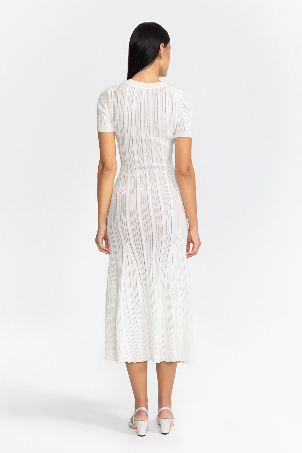 Cable Knit Jewel-Button Midi Dress - White