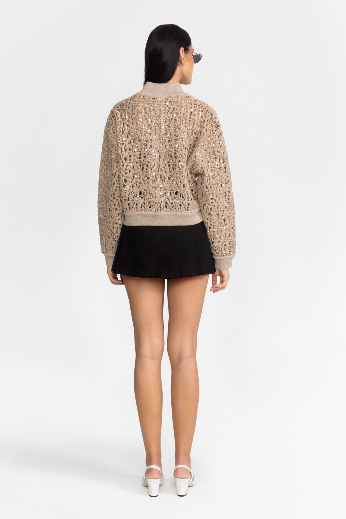 Cardigan cu paiete din tricot ajurat, cu fermoar - Bej