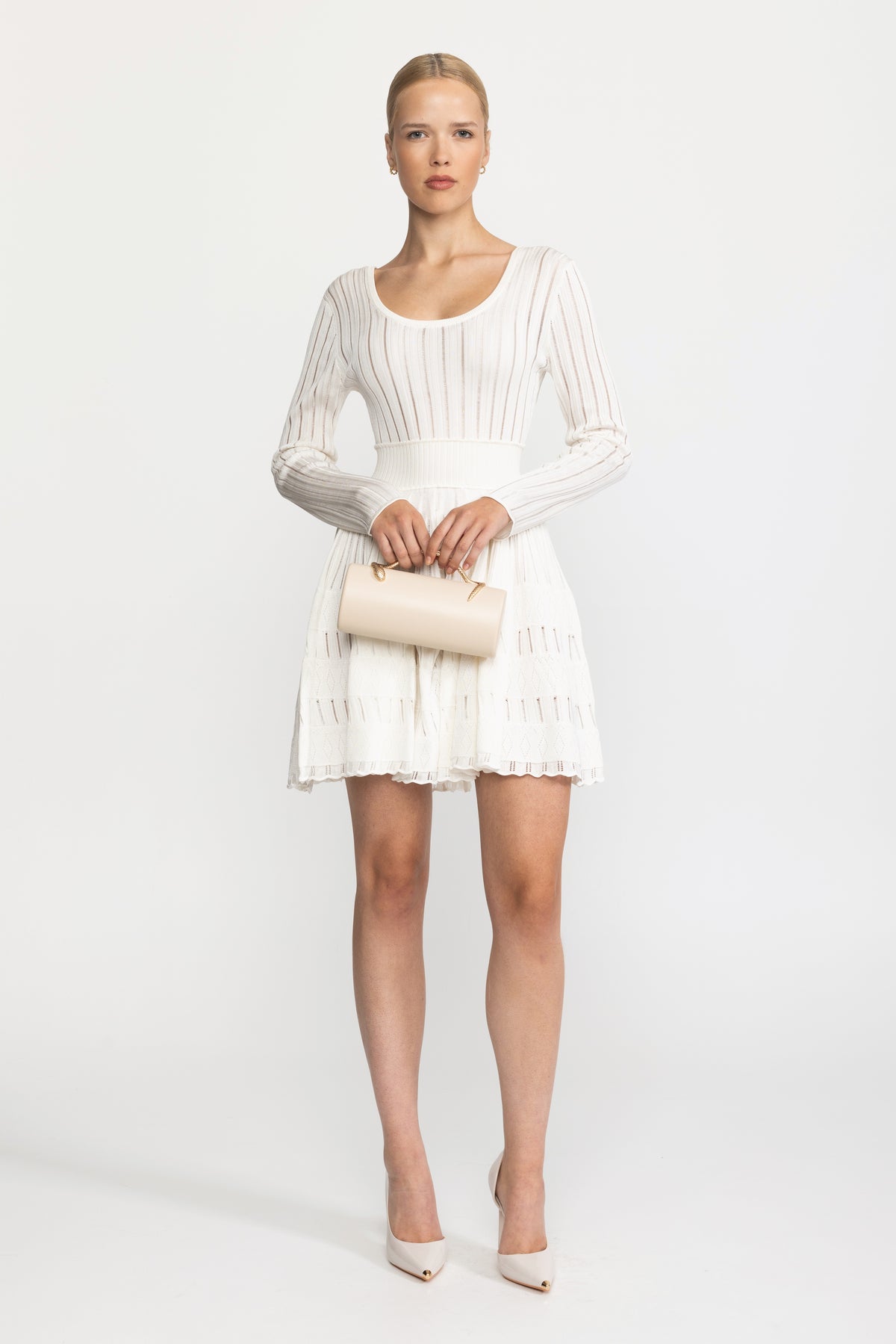 Ladder Knit Scoop Neck Skater Mini Dress - White