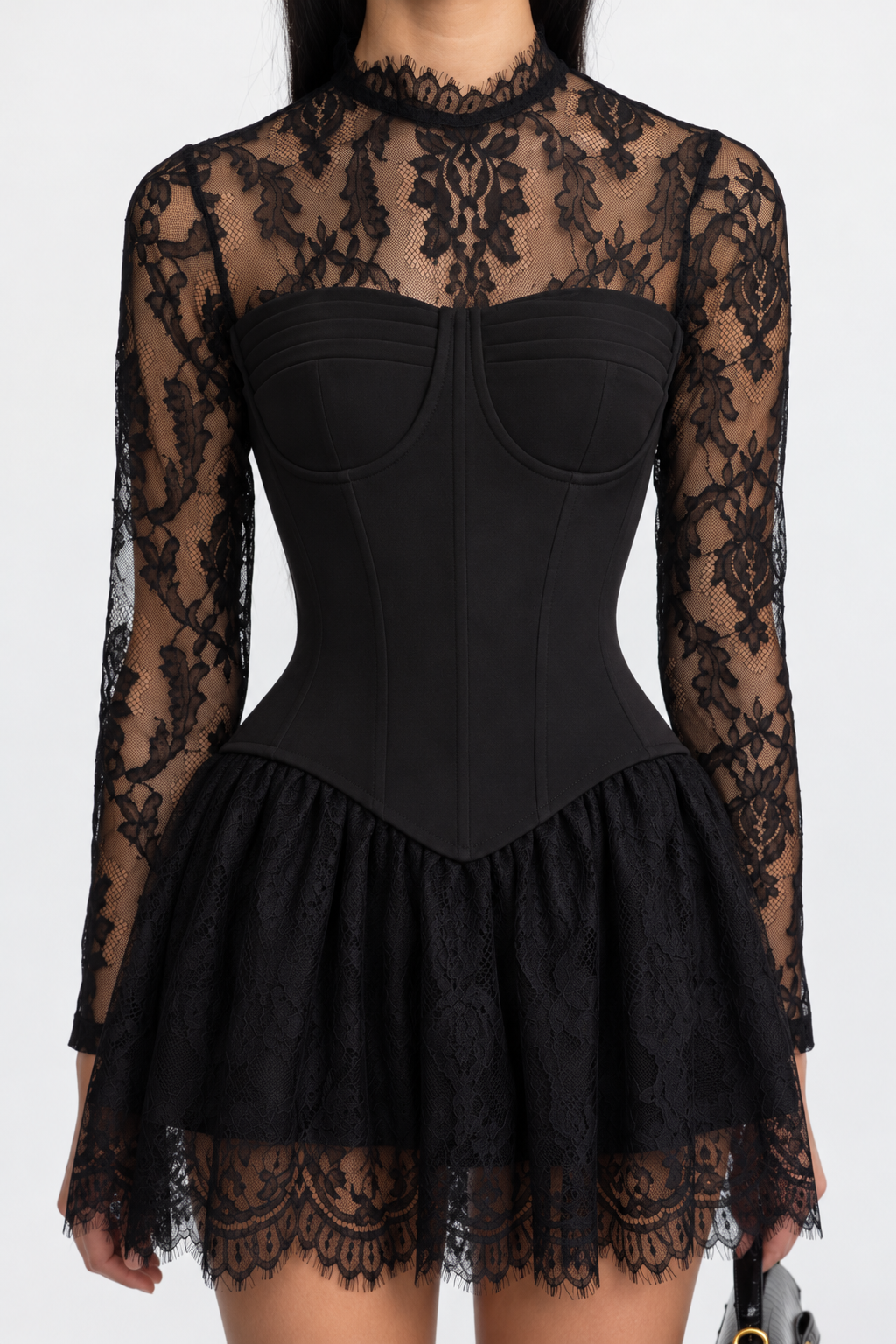 Lace Yoke Corset Mini Dress with Lace Ruffle Skirt - Black
