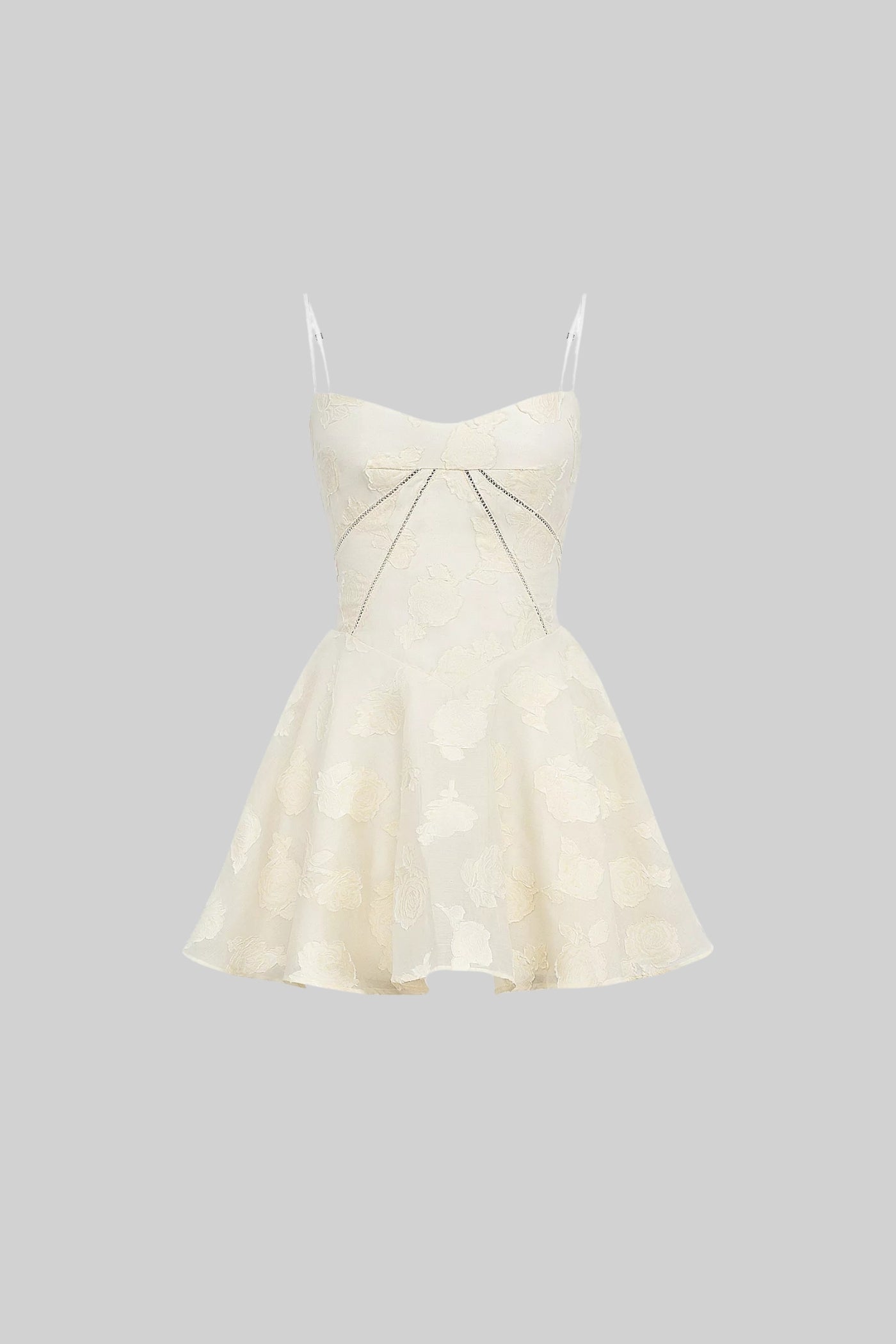 Mini Dress With Subtle Floral Pattern, Fitted Bodice And Flared Skirt - Ivoire