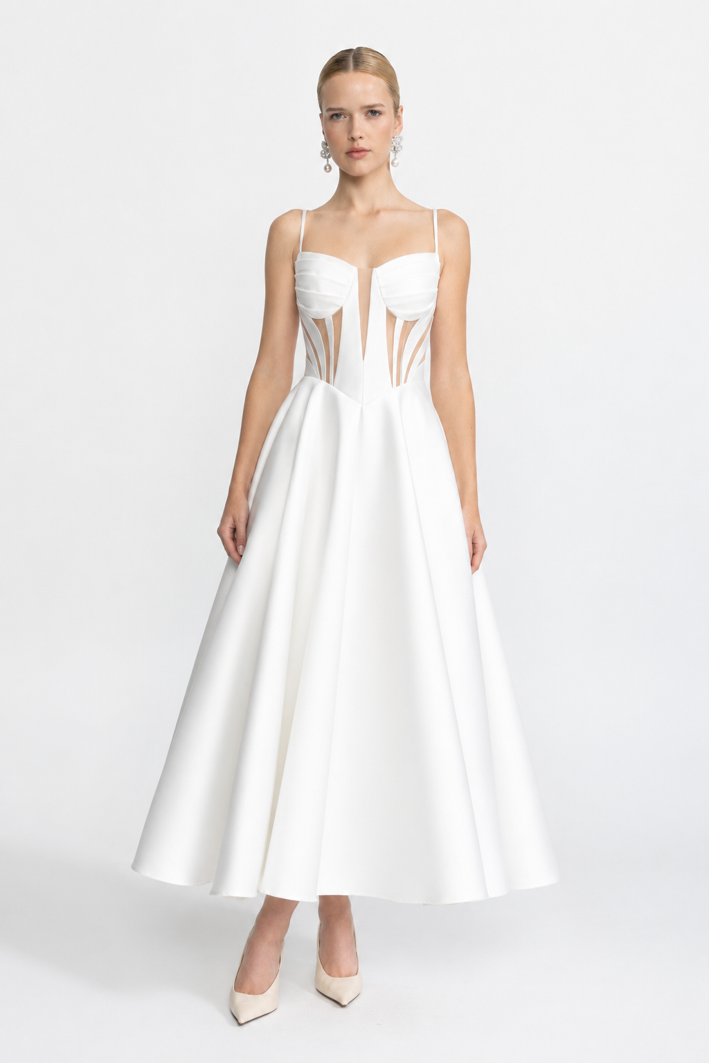 Rochie midi corset din satin cu panouri transparente - alb