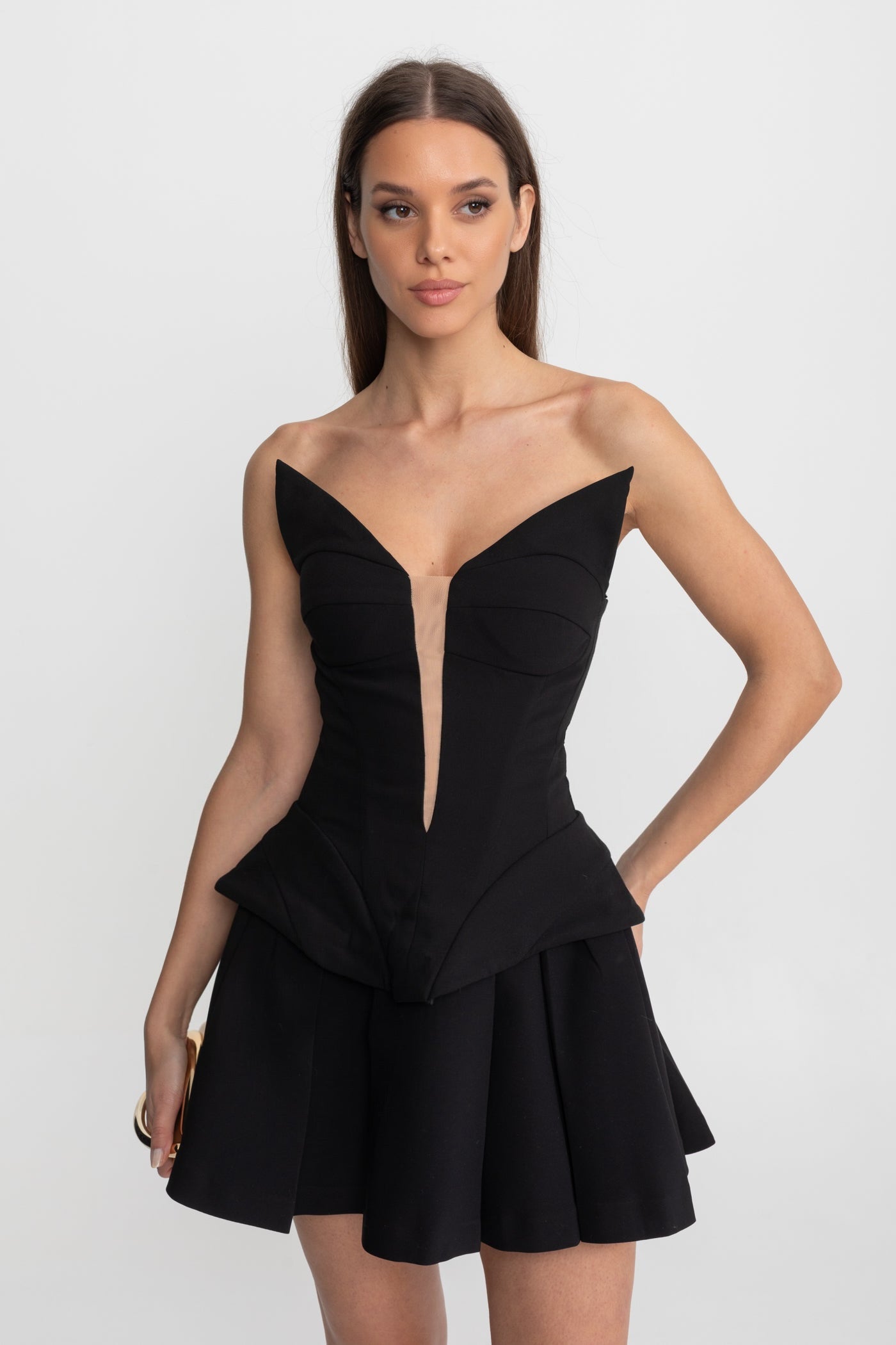 Top fără bretele cu corset sculptat și inserție iluzorie – Negru