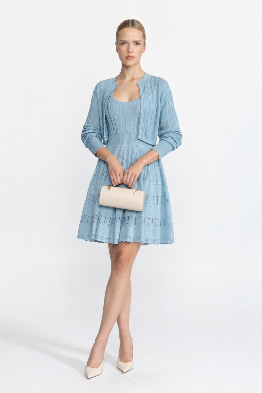 Set cu cardigan cropped din tricot pointelle cu nervuri și rochie skater - Albastru deschis