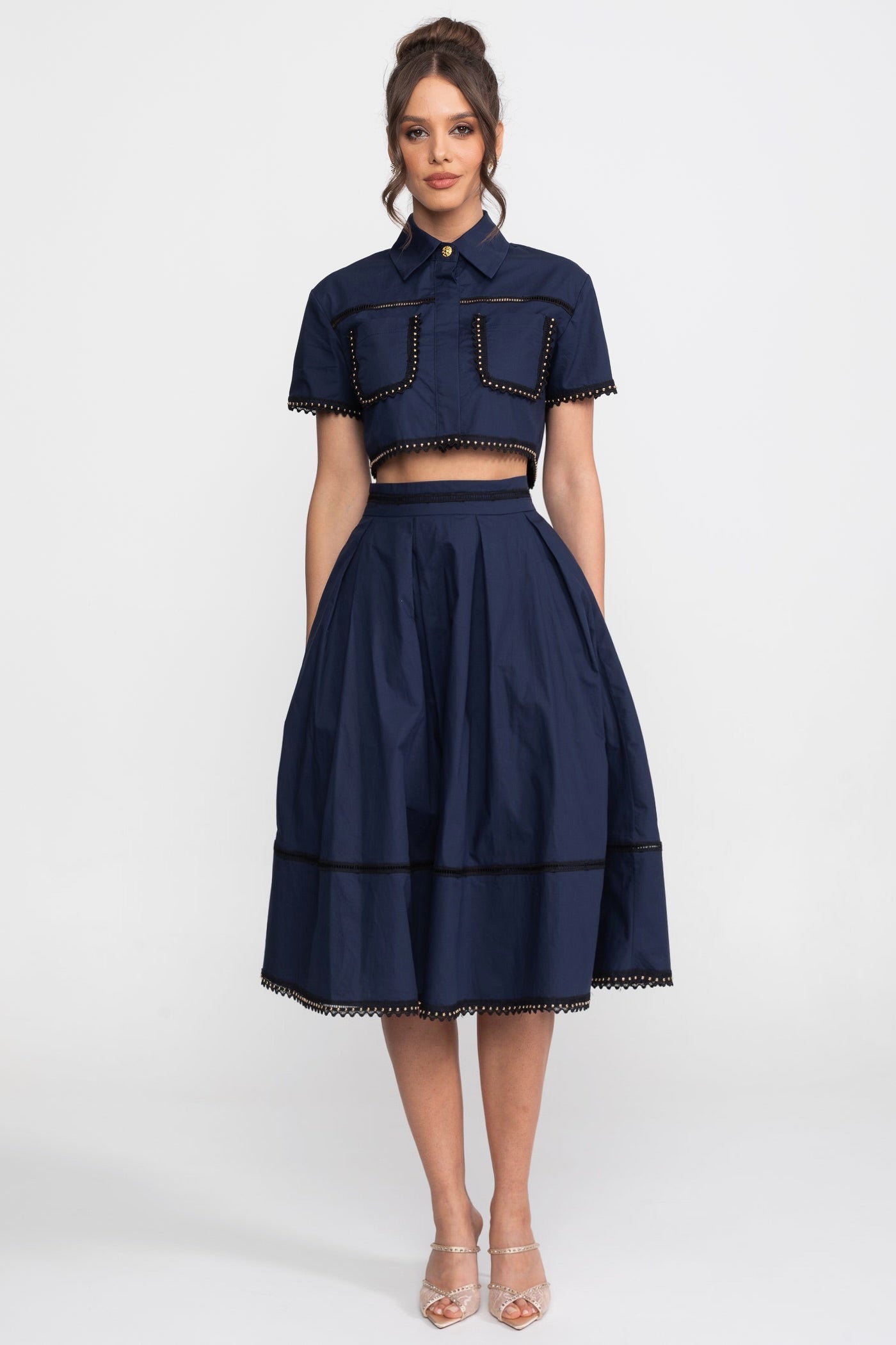 Broderie-Trim Cropped Shirt And Midi Skirt Co-Ord Set - Navy