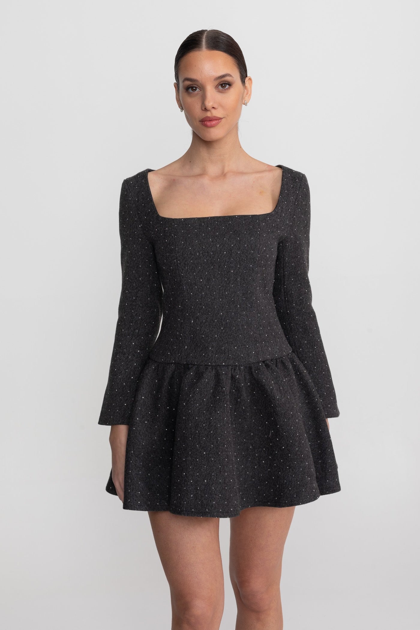 Rochie mini cu mâneci lungi și suprapunere de pelerină detașabilă - Charcoal