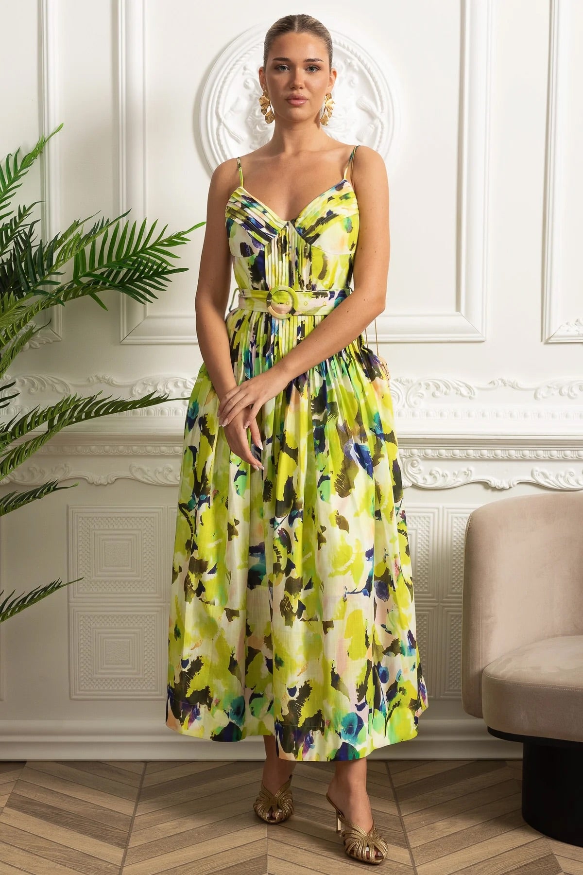 Rochie Midi Plisată cu Bust și Centură, cu Bretele Subțiri - Galben