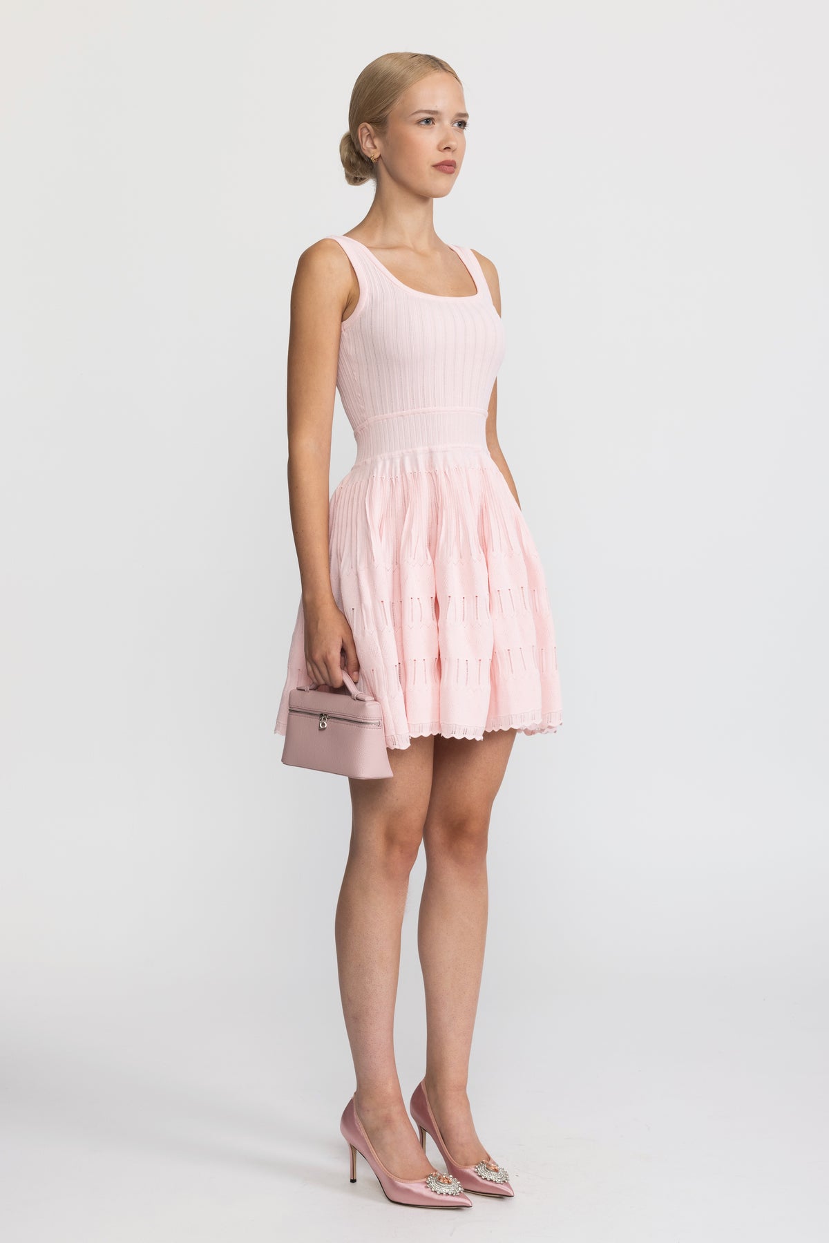 Pointelle Knit Skater Mini Dress - Pink